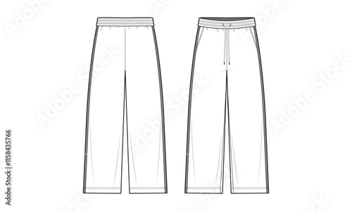 Sweatpants technical fashion illustration. Sweatpants vector template illustration. front and back view. relaxed fit. Elastic waistband. Lounge wear. white color. CAD mockup.