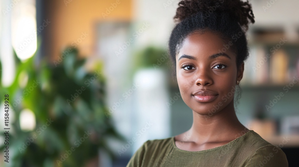 Fototapeta premium Confident young black woman entrepreneur stands in modern office setting