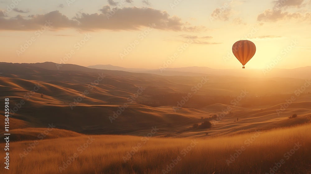 Soft golden light of dawn surrounding a hot air balloon as it drifts over rolling hills Soft golden light of dawn surrounding a hot air balloon as it drifts over rolling hills