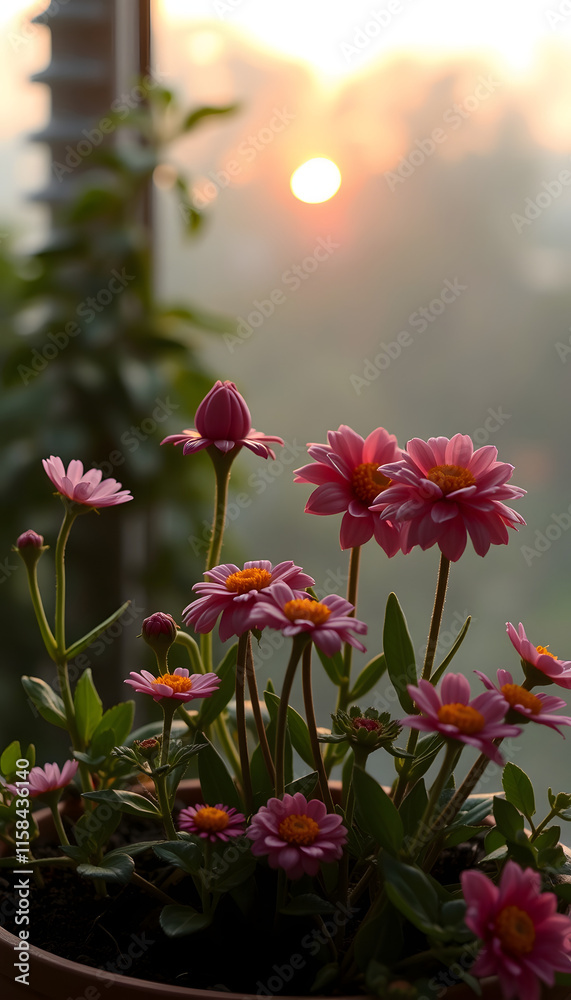 Fototapeta premium view of beautiful flower plants in the morning, craft clay, with white tones