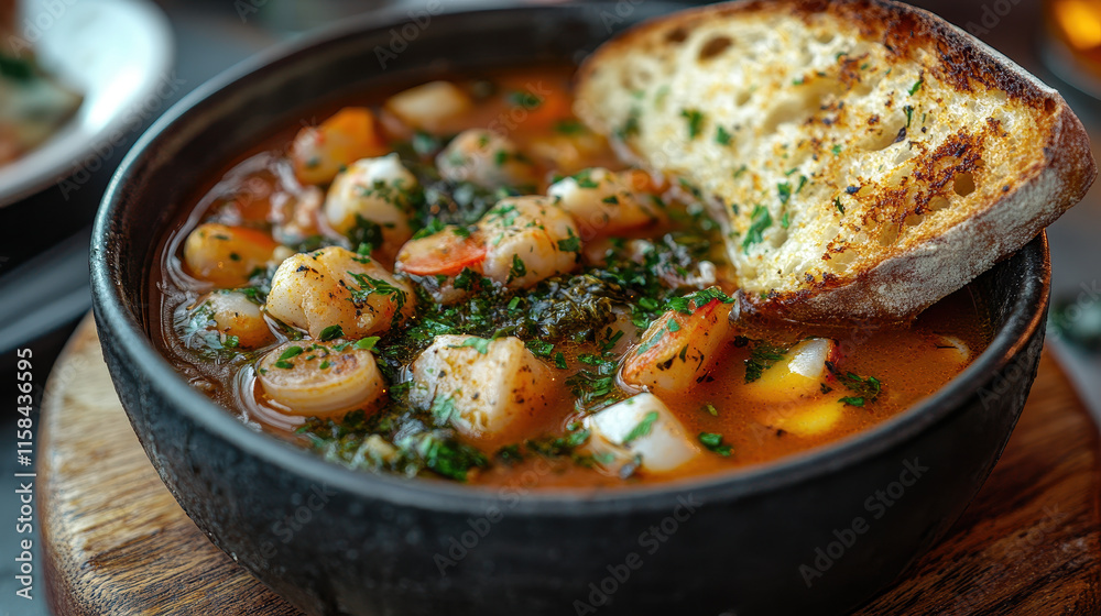 Seafood Cream Soup in Black Cast Iron Pot, Textured Croutons, Green Herbs, Parmesan Cheese, Freshly Baked Bread, Soft Lighting on Muted Background for Culinary or Food-Related Content Seafood Cream Soup in Black Cast Iron Pot, Textured Croutons, Green Herbs, Parmesan Cheese, Freshly Baked Bread, Soft Lighting on Muted Background for Culinary or Food-Related Content