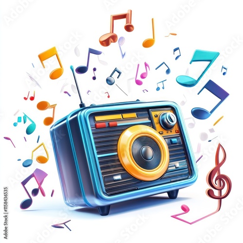 A dancing radio with musical notes around it. vector style art 3d illustration Isolated on White Background 