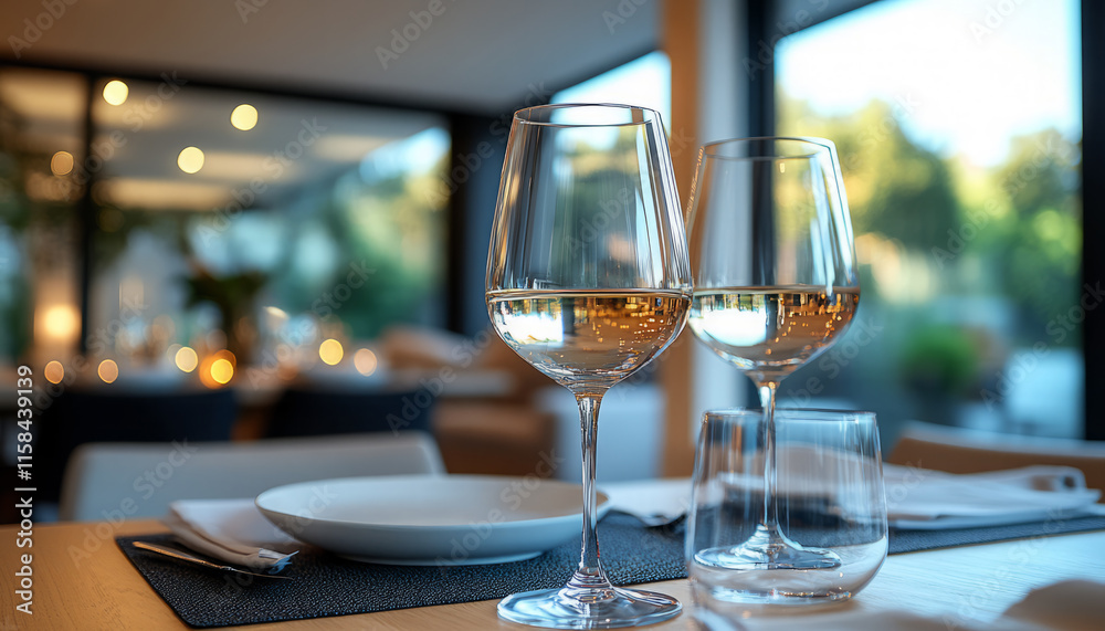 Two wine glasses on a table in a softly lit dining area with large windows, Generative AI Two wine glasses on a table in a softly lit dining area with large windows, Generative AI