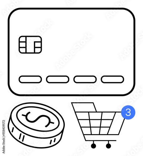 Credit card, coin, and shopping cart with notification. Ideal for e-commerce, online shopping, digital payments, finance, budgeting customer service financial transactions. Line metaphor photo