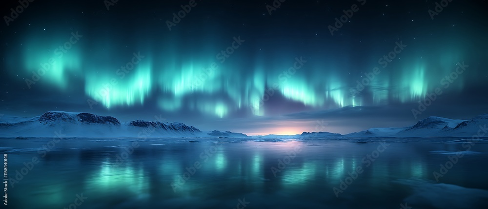 Obraz premium Arctic Aurora Borealis over calm water.
