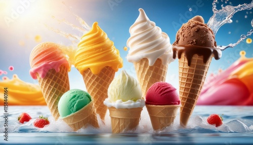 different ice cream cones and popsicles in bright, fun colors. plashes of melted ice cream and cheerful text with a sunny background, cold photo