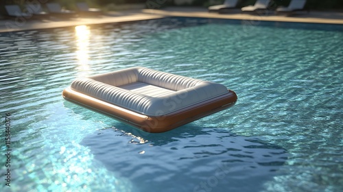 Pool raft peacefully floating in the sparkling swimming pool on a sunny day