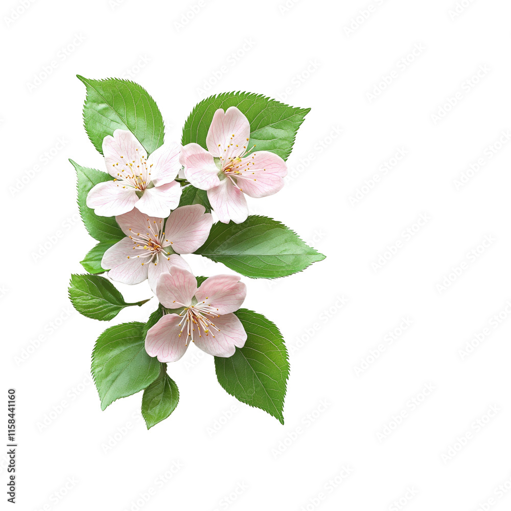 Delicate Pink Apple Blossoms on a Branch with Lush Green Leaves Against a Black Background Delicate Pink Apple Blossoms on a Branch with Lush Green Leaves Against a Black Background