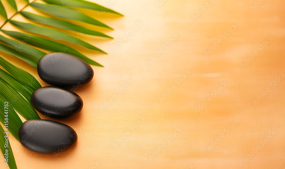 Massage stones arranged in a decorative pattern on a table, Generative AI Massage stones arranged in a decorative pattern on a table, Generative AI