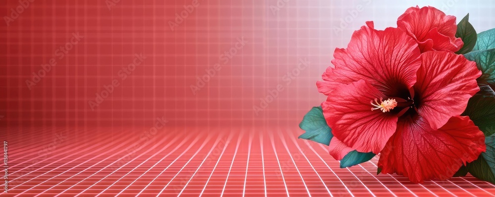Obraz premium Hibiscus floral abstract background concept. Vibrant red hibiscus flower against a stylish patterned background.