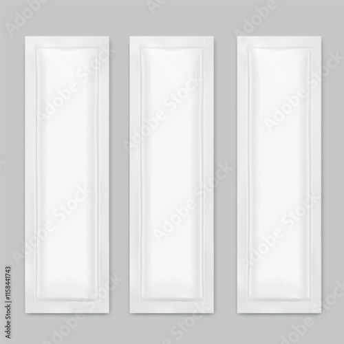 Sachet bag mockup. Vector illustration isolated on grey background. Flat lay view. Can be use for template your design, presentation, promo, ad. EPS10.