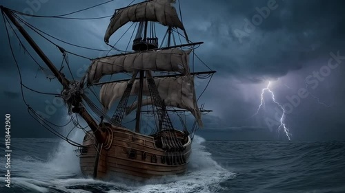 Ai-generated illustration of an old wooden boat on a  stormy sea with thunder and lightning
