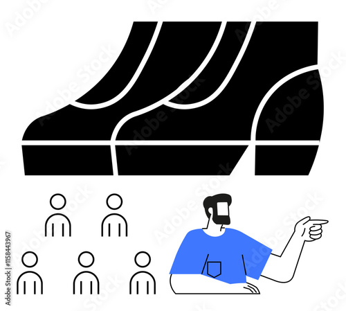 Large shoes several small figures, man in blue shirt pointing. Ideal for leadership, guidance, mentoring, progress, direction, teamwork, motivation. Line metaphor