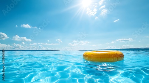 Bright swimming pool with a pool raft floating under clear skies and the sun shining down
