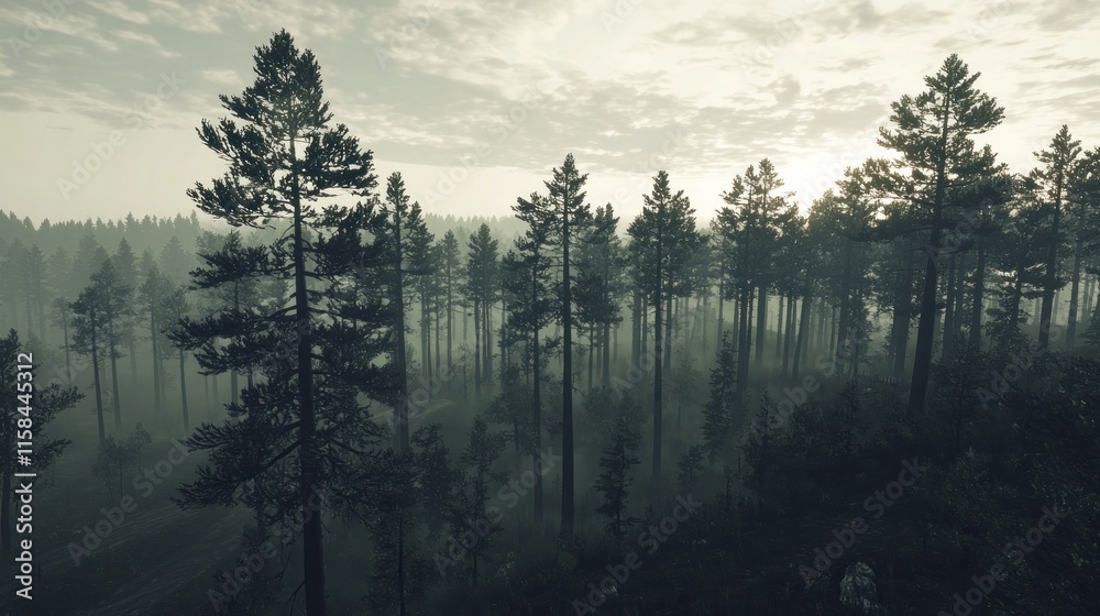 Misty forest landscape at dawn with tall pine trees. Misty forest landscape at dawn with tall pine trees.