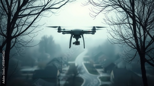 A drone hovers above a foggy neighborhood, capturing serene views of houses and winding roads amidst bare trees.