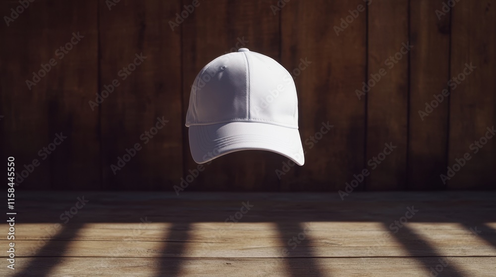 A white blank front view baseball cap floating in the air mockup on wooden background A white blank front view baseball cap floating in the air mockup on wooden background