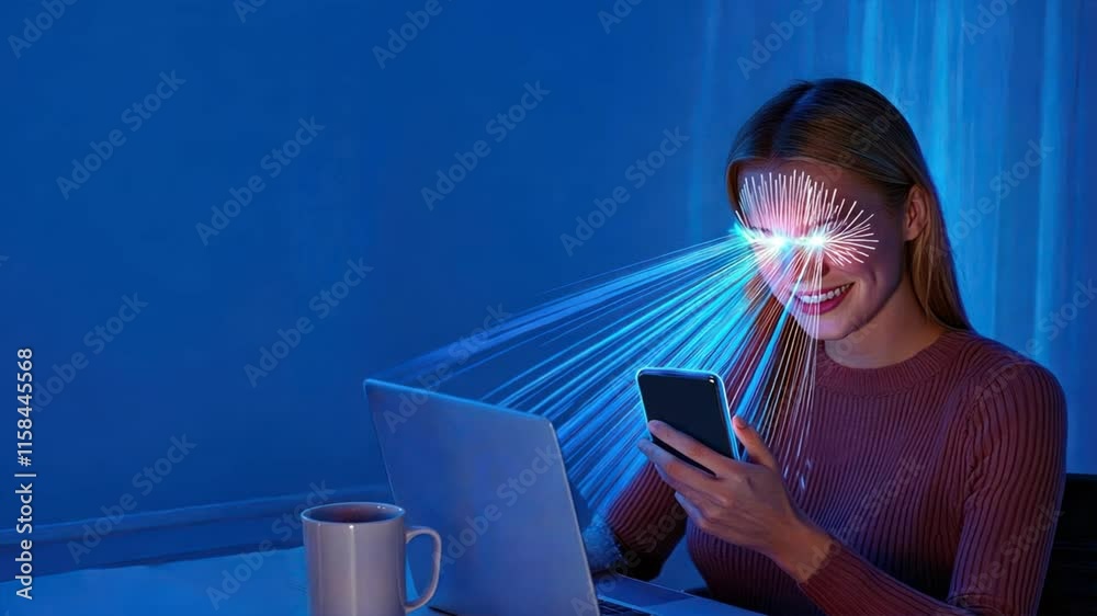 A woman at a desk looks into her phone with glowing holographic lines on her face, symbolizing internet addiction treatment and cyber addiction solutions
