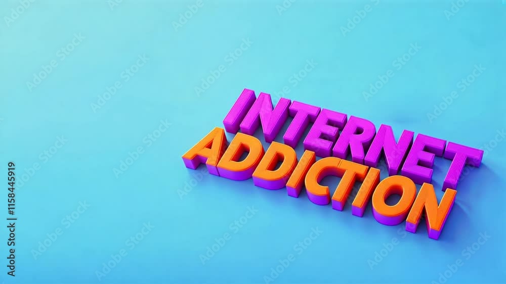 3d text internet addiction in orange and purple isometric perspective, represents restart internet addiction and online gambling treatment themes