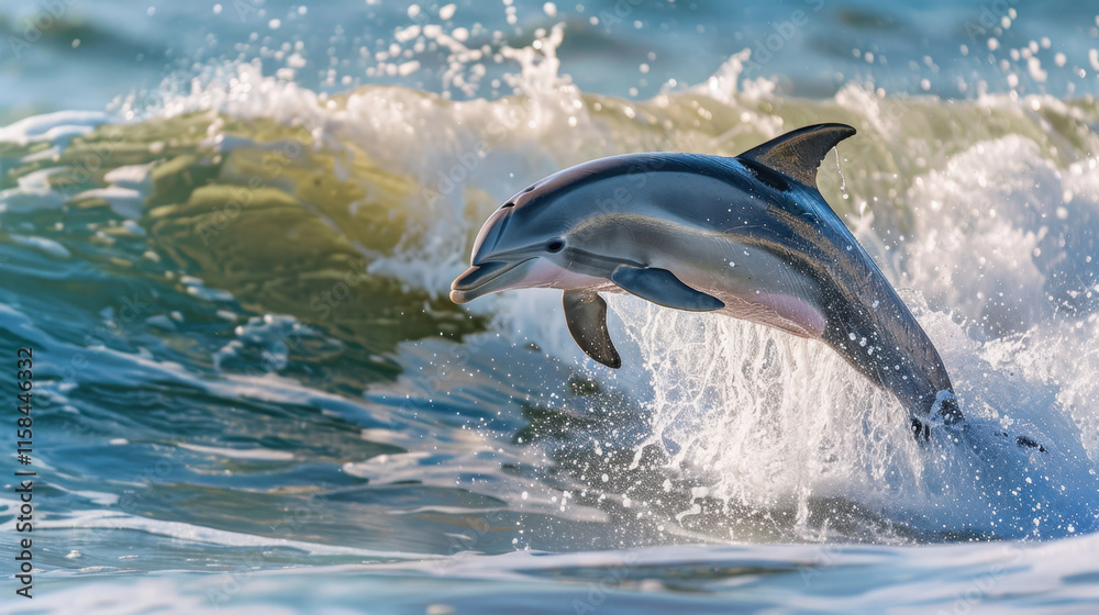 Naklejka premium Dolphin Joyfully Leaping Through Ocean Waves