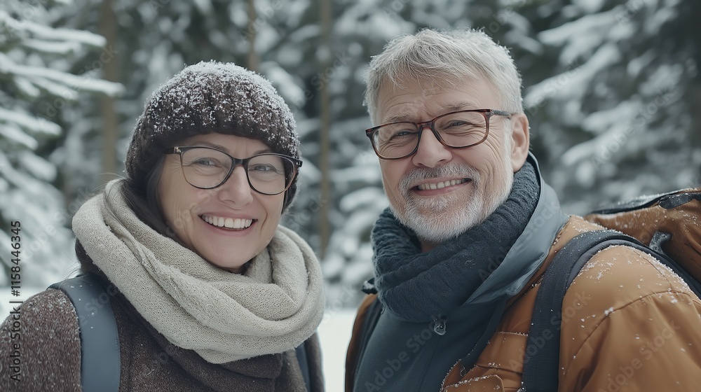 Fototapeta premium A cheerful couple stands together in a winter wonderland, their faces bright with smiles and sprinkled with snowflakes, embracing the beauty of nature and each other in the cold.