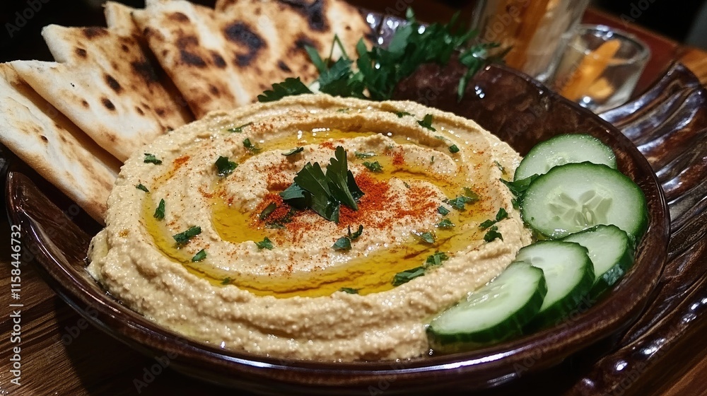 A beautifully arranged platter featuring creamy Mediterranean hummus, served with warm pita bread and fresh cucumber slices, evoking a cozy, inviting atmosphere A beautifully arranged platter featuring creamy Mediterranean hummus, served with warm pita bread and fresh cucumber slices, evoking a cozy, inviting atmosphere