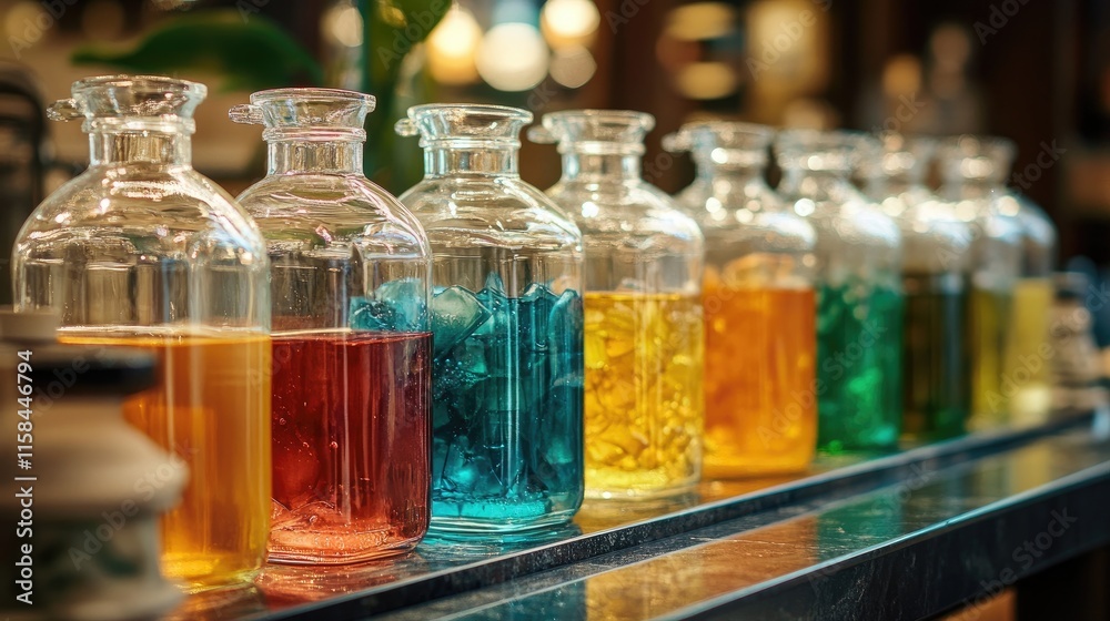 A beautifully arranged row of glass jars containing colorful liquids, each jar with its distinct hue and texture, creating an eye-catching display A beautifully arranged row of glass jars containing colorful liquids, each jar with its distinct hue and texture, creating an eye-catching display