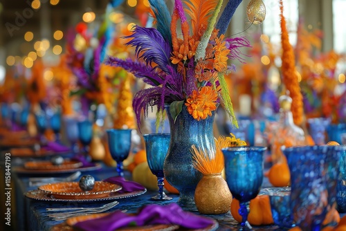 Colorful Purim carnival-themed table decorations with vibrant flowers and festive colors
