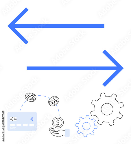 Blue bidirectional arrows, credit card, coins, hand, large and small gears symbolizing money transfer, payment processing, financial management, and transaction efficiency. Ideal for banking