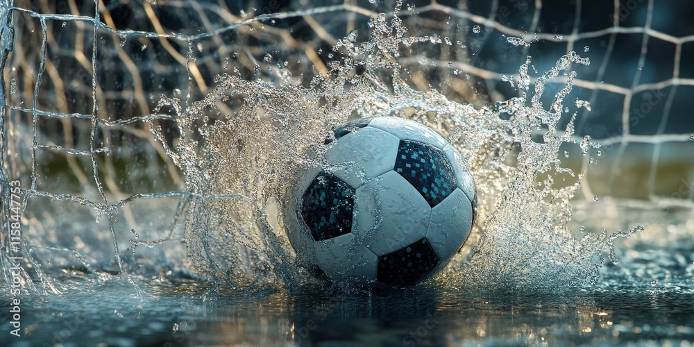Fototapeta premium A soccer ball splashes through water into the goal net, highlighting the speed of the kick with a blurred motion effect, illustrating the power behind the shot.