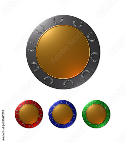 A set of four - one large and three smaller - 3D rendered metallic laurel seals with blank golden centres and colored outer rings in dark grey, red, blue, and green, featuring embossed laurel wreaths.