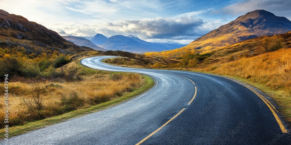 Fototapeta premium Scenic open road through stunning landscapes, showcasing the beauty of the highlands with winding paths and breathtaking views along the open road experience. Perfect for road trip enthusiasts.