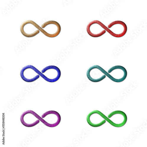 A  set of 6 - 3D rendered illustrations of metallic textured infinity signs
Isolated on a white background.