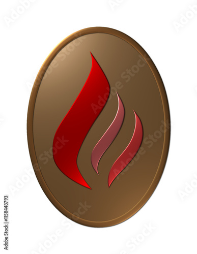 A 3D rendered illustration of a metallic textured gold and red oval-shaped fire shield with multi-coloured flame isolated on a white background.