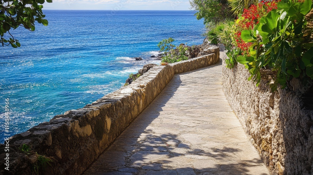 Fototapeta premium A picturesque walkway alongside serene blue water creates a stunning view of the sea, inviting exploration and admiration of the breathtaking beauty found along the sea s edge.