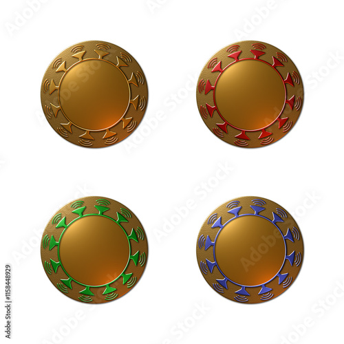 A set of 4 - 3D rendered illustrations of a metal gold textured medal or seal with a speaker icon around the circumference. Isolated on a white background