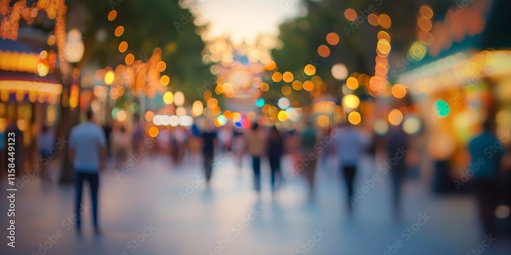 Blurred people walking and relaxing on a vibrant street at twilight. This scene captures the essence of a popular attraction and gathering place, enhanced by beautiful bokeh from festive lights. Blurred people walking and relaxing on a vibrant street at twilight. This scene captures the essence of a popular attraction and gathering place, enhanced by beautiful bokeh from festive lights.