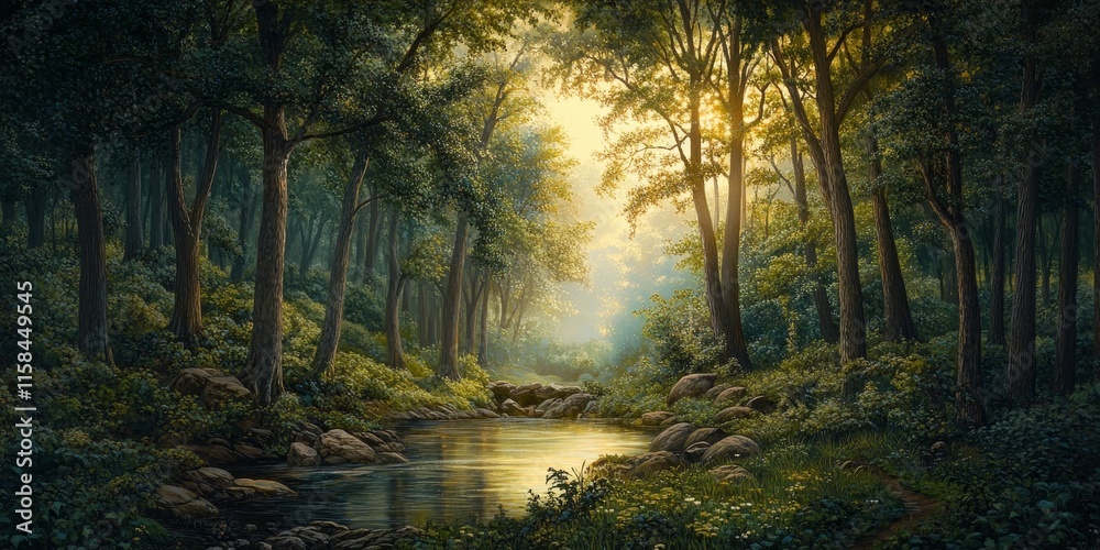 Obraz premium Scenic landscape in the morning showcases the beauty of nature within a lush forest, capturing the essence of a tranquil forest landscape at dawn. Enjoy the peacefulness of this stunning landscape.