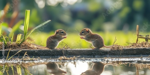 A pair of small animals, known as walang sangit, engage in mating behavior on a foundation stone near a rice field, showcasing the natural life and interactions of these small animals in the wild. photo