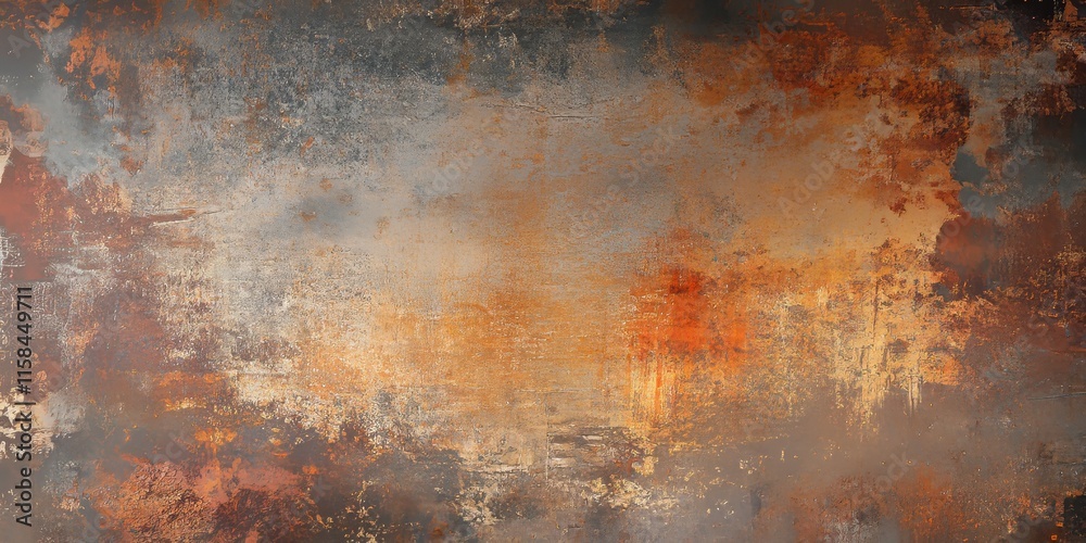 Obraz premium Abstract wallpaper featuring warm tones and a rust color palette. Displays a flawed metal background with scratches. Includes an aged patina grunge plaster wall for design flexibility.