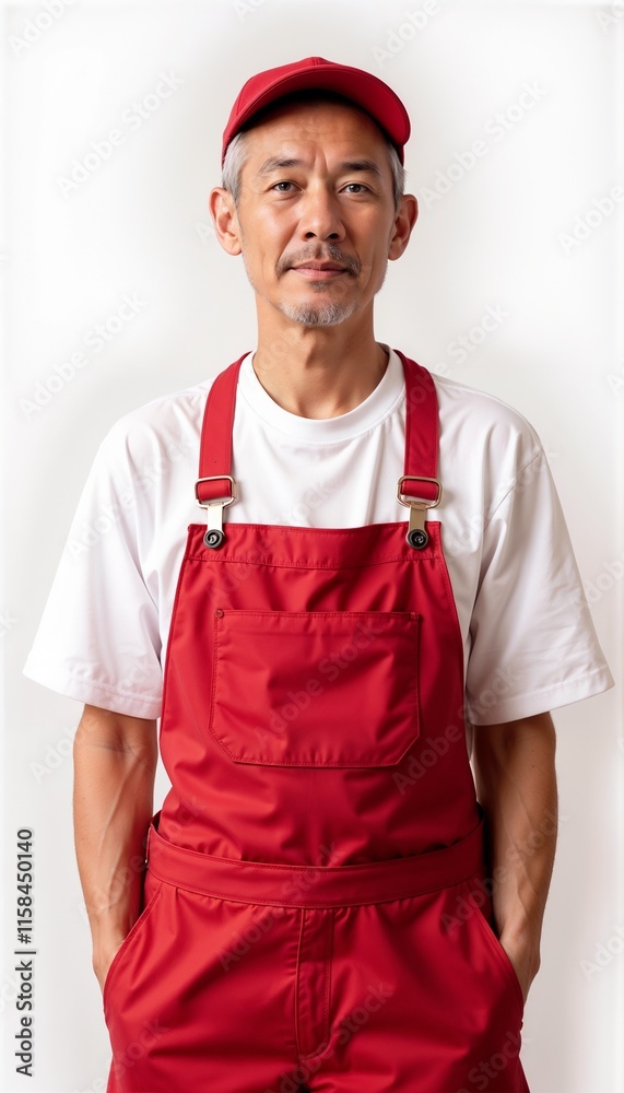 Asian man in red overalls with matching cap on white background. For production facilities, assembly lines, food service, warehouse operations, technical maintenance, delivery services Asian man in red overalls with matching cap on white background. For production facilities, assembly lines, food service, warehouse operations, technical maintenance, delivery services