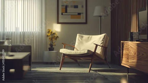 Modern living room showcasing a stylish wooden chair design, representing innovative interior redecoration and renovation concepts for contemporary spaces. Emphasizing modern living room aesthetics.