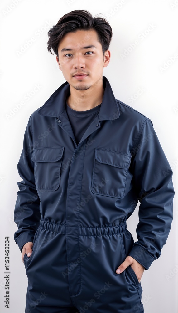 Naklejka premium Asian man in navy workwear on white background. For industrial facilities, production lines, technical maintenance, quality control, manufacturing plants, warehouse operations.