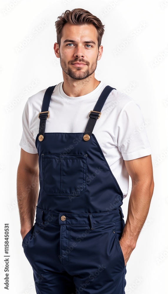 Fototapeta premium Man in navy overalls with white t-shirt on white background. For repair services, technical maintenance, assembly works, renovation teams, manufacturing facilities.