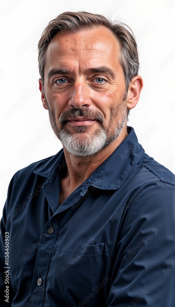 Mature man in navy workwear on white background. For manufacturing facilities, production supervision, technical maintenance, quality control, industrial operations, warehouse management. Mature man in navy workwear on white background. For manufacturing facilities, production supervision, technical maintenance, quality control, industrial operations, warehouse management.