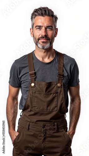 Mature man in brown overalls with dark t-shirt on white background. For carpentry workshops, furniture assembly, renovation teams, craft studios, technical maintenance.