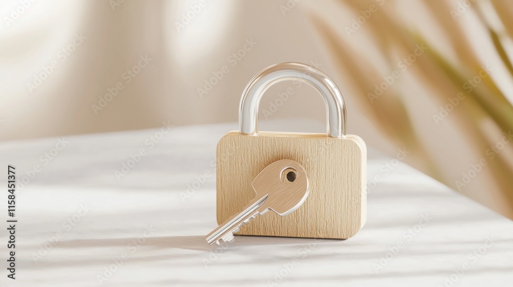 Naklejka premium Unlocking security simplified padlock with key on marble surface modern minimalist style home decor
