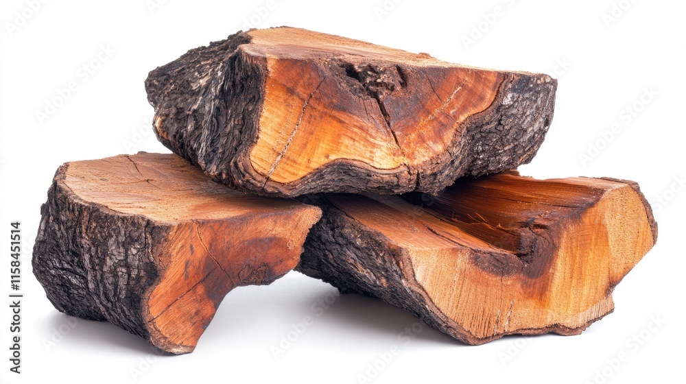 A close-up of a rustic stack of firewood logs, focusing on the unique shapes and textures of the wood, isolated on a crisp white backdrop A close-up of a rustic stack of firewood logs, focusing on the unique shapes and textures of the wood, isolated on a crisp white backdrop