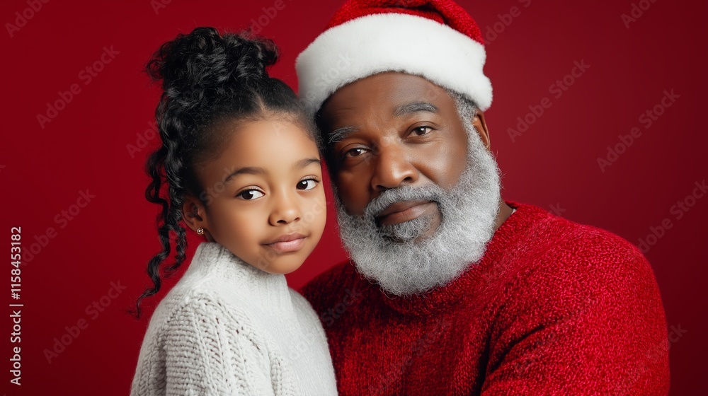 Fototapeta premium A little girl and her grandfather embrace warmly, both dressed in cozy festive outfits against a vibrant red backdrop, capturing the essence of love and joy during the holiday season.