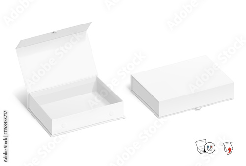 White magnetic gift box with tab mockup. Vector illustration isolated on white background. Taking your 2D designs into 3D. Can be use for gift box, luxury, cosmetics, and other goods. EPS10.